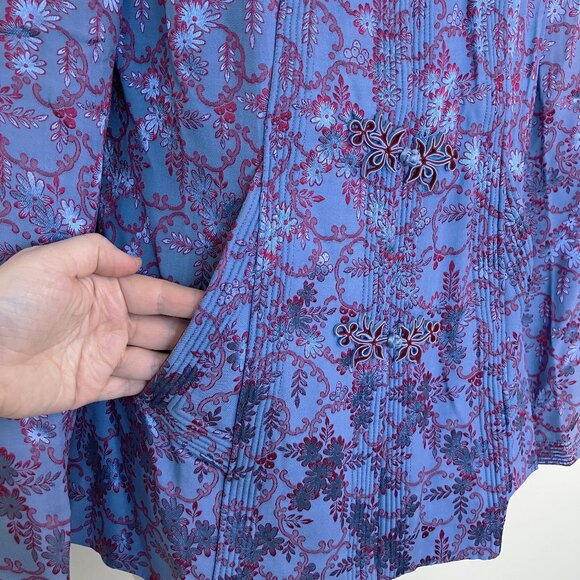 Owen Bros Brocade Oriental Jacket Pockets Blue Satin Vintage QiPao CheongSam - Picture 2 of 8
